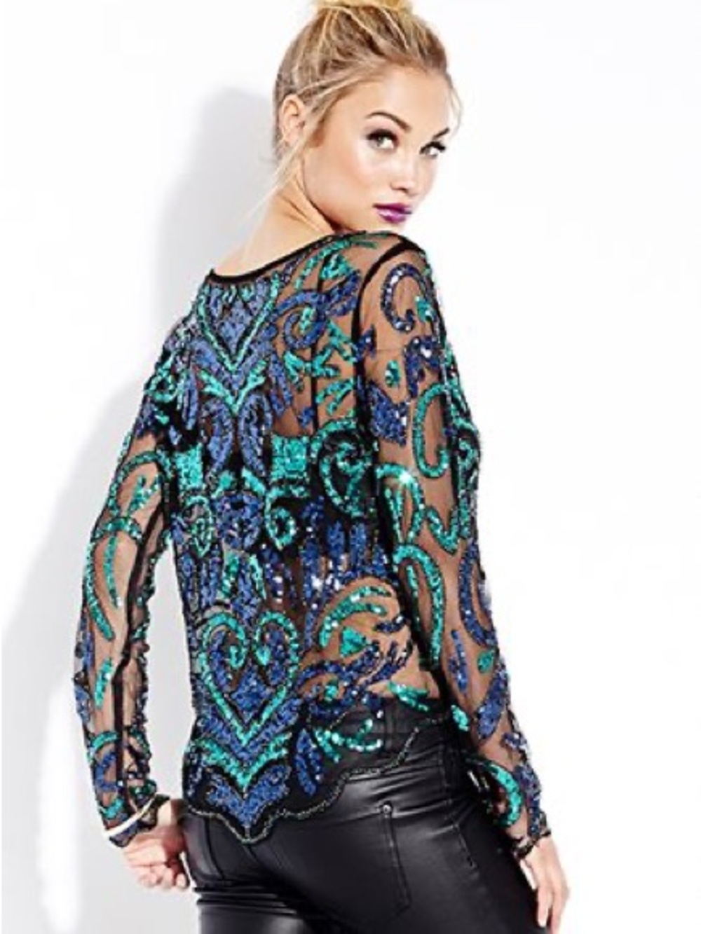 english rose Teal & Blue Sequin Sheer Embellished Long-Sleeve Top
